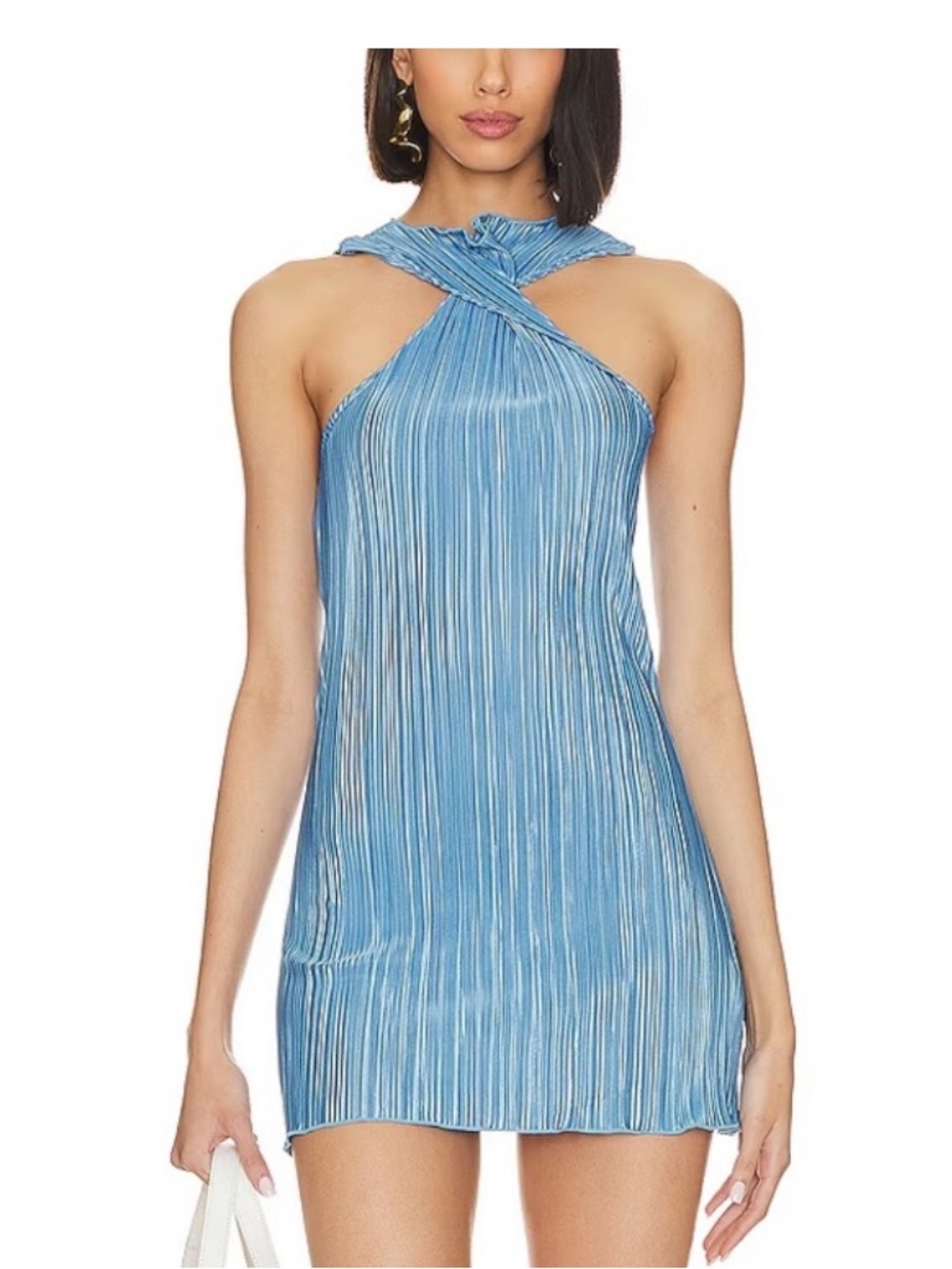 Sleeveless Pleated Pluto Blue Halter Dress